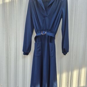 VINTAGE Montgomery Ward  Navy Blue BELTED Long Sleeve Dress Women's